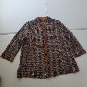Misook Jacket Womens Medium Brown Blue Knit Open Front Cardigan Tweed Trim Multi